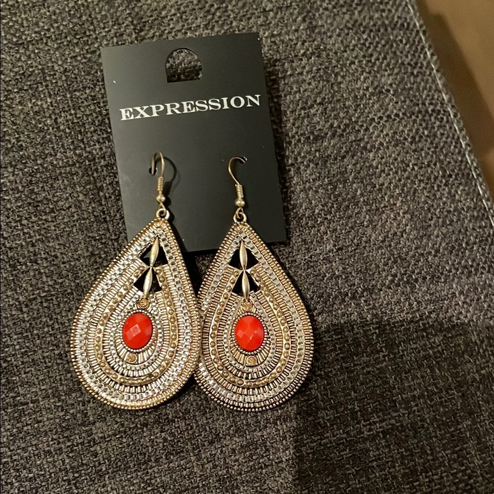 Expressions Gold and Red Filigree Earrings